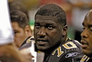 New Orleans Saints rookie tackle Jamal Brown checks play  during  a pre-season game against the Baltimore Ravens  August 26, 2005 in New Orleans.  (Photo by Al Messerschmidt/Getty Images)