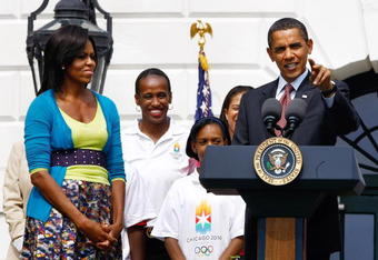 WASHINGTON - SEPTEMBER 16:  U.S. President Barack Obama speaks during an event on the South Lawn of the White House promoting the city of Chicago�s bid for the 2016 Summer Olympics with First Lady Michelle Obama (L) September 16, 2009 in Washington, DC. The Obamas joined Chicago Mayor Richard Daley, members of the USOC, and representatives from the Chicago2016 group during the event.  (Photo by Win McNamee/Getty Images)