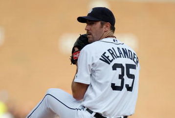 DETROIT - JULY 8:  Justin Verlander #35 of the Detroit Tigers pitches against the Cleveland Indians on July 8, 2008 at Comerica Park in Detroit, Michigan. (Photo by: Gregory Shamus/Getty Images)