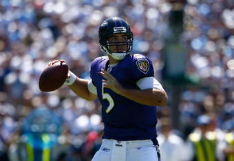 SAN DIEGO - SEPTEMBER 20:  Quarterback Joe Flacco #5 of the Baltimore Ravens plays against the San Diego Chargers at Qualcomm Stadium on September 20, 2009 in San Diego, California.  (Photo by Jeff Gross/Getty Images)