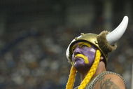 MINNEAPOLIS - SEPTEMBER 26: A fan of the Minnesota Vikings wears face paint and a viking hat during the game against the Chicago Bears at the Hubert H. Humphrey Metrodome on September 26, 2004 in Minneapolis, Minnesota. The Vikings defeated the Bears 27-22. (Photo by Jeff Gross/Getty Images)