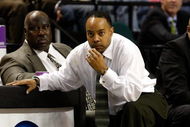 GREENSBORO, NC - MARCH 19: Head coach Kevin Broadus of the Binghamton Bearcats looks on during the first round of the NCAA Division I Men's Basketball Tournament against the Duke Blue Devils at the Greensboro Coliseum on March 19, 2009 in Greensboro, North Carolina. (Photo by Streeter Lecka/Getty Images)