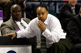 GREENSBORO, NC - MARCH 19:  Head coach Kevin Broadus of the Binghamton Bearcats looks on during the first round of the NCAA Division I Men's Basketball Tournament against the Duke Blue Devils at the Greensboro Coliseum on March 19, 2009 in Greensboro, North Carolina.  (Photo by Streeter Lecka/Getty Images)