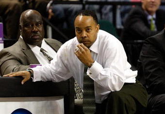 GREENSBORO, NC - MARCH 19:  Head coach Kevin Broadus of the Binghamton Bearcats looks on during the first round of the NCAA Division I Men's Basketball Tournament against the Duke Blue Devils at the Greensboro Coliseum on March 19, 2009 in Greensboro, North Carolina.  (Photo by Streeter Lecka/Getty Images)