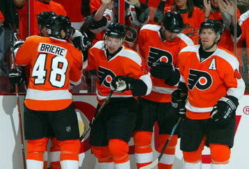 PHILADELPHIA - APRIL 19:  Claude Giroux #28 (C) of the Philadelphia Flyers celebrates his goal against the Pittsburgh Penguins during Game Three of the Eastern Conference Quarterfinal Round of the 2009 NHL Stanley Cup Playoffs  at the Wachovia Center on April 19, 2009 in Philadelphia, Pennsylvania.  (Photo by Jim McIsaac/Getty Images)