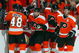 PHILADELPHIA - APRIL 19: Claude Giroux #28 (C) of the Philadelphia Flyers celebrates his goal against the Pittsburgh Penguins during Game Three of the Eastern Conference Quarterfinal Round of the 2009 NHL Stanley Cup Playoffs at the Wachovia Center on April 19, 2009 in Philadelphia, Pennsylvania. (Photo by Jim McIsaac/Getty Images)