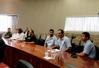 ADELAIDE, AUSTRALIA - JANUARY 29:  (L-R)  Australian players Ricky Ponting, Michael Clarke, Andrew Symonds and Matthew Hayden are seen along side Harbhajan Singh, assistant Indian team manager MV Sridhar and Sachin Tendulkar prior to the start of the appeal hearing against a three-match ban imposed on Indian cricketer Harbhajan Singh by the ICC at the Adelaide Federal Court on January 29, 2008 in Adelaide, Australia. Harbhajan was charged with a level-three offence under the ICC Code of Conduct and given the three-match ban following an on-field incident with Andrew Symonds of Australia during day three of the second Test match between Australia and India.  (Photo by Robert Cianflone/Getty Images)