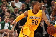 INDIANAPOLIS - MARCH 13:  Lawrence Westbrook #20 of the Minnesota Golden Gophers drives against the Michigan State Spartans during the second round of the Big Ten Men's Basketball Tournament at Conseco Fieldhouse on March 13, 2009 in Indianapolis, Indiana.  (Photo by Jonathan Daniel/Getty Images)
