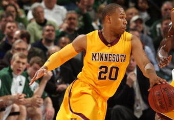INDIANAPOLIS - MARCH 13:  Lawrence Westbrook #20 of the Minnesota Golden Gophers drives against the Michigan State Spartans during the second round of the Big Ten Men's Basketball Tournament at Conseco Fieldhouse on March 13, 2009 in Indianapolis, Indiana.  (Photo by Jonathan Daniel/Getty Images)
