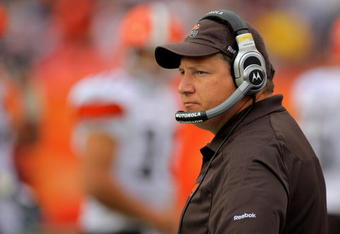 DENVER - SEPTEMBER 20:  Head coach Eric Mangini of the Cleveland Browns leads his team against the Denver Broncos during NFL action at Invesco Field at Mile High on September 20, 2009 in Denver, Colorado. The Broncos defeated the Browns 27-6.  (Photo by Doug Pensinger/Getty Images)