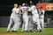 NEW YORK - SEPTEMBER 29: Members of the New York Yankees celebrate around Juan Miranda #72 after he hit the game winning RBI single agaist the Kansas City Royals during the game on September 29, 2009 at Yankee Stadium in the Bronx borough of New York City. (Photo by Jared Wickerham/Getty Images)