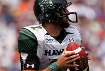 GAINESVILLE, FL - AUGUST 30:  Quarterback Greg Alexander #12 of the Hawaii Warriors looks to throw a pass during a game against the Florida Gators at Ben Hill Griffin Stadium on August 30, 2008 in Gainesville, Florida.  (Photo by Sam Greenwood/Getty Images)