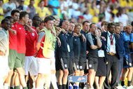GOTHENBURG, SWEDEN - JUNE 26: Manager of England Stuart Pearce (C) lines up with team members during the Penalty shoot out during the UEFA U21 European Championships Semi-Final match between England and Sweden at the Gamia Ullevi on June 26, 2009 in Gothenburg, Sweden. (Photo by Phil Cole/Getty Images)