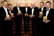 LONDON - APRIL 6: (L-R) England Cricketers Ashley Giles, Andrew Strauss, Mike 'MJK' Smith (Wisden Cricketer of the year for 1960), Donald Carr of England (Wisden Cricketer of the year for 1960), Tom Graveney of England (Wisden Cricketer of the year for 1953), Robert Key and Steve Harmison of England all pose with a copy of the 2005 Wisden Almanac after it was announced that they are four of the five Cricketers of the Year (the other being Marcus Trescothick of England)on April 6, 2005 in London. It is the first time in 45 years that all five Cricketers of the Year are English.  (Photo by Tom Shaw/Getty Images)