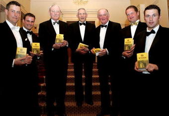 LONDON - APRIL 6: (L-R) England Cricketers Ashley Giles, Andrew Strauss, Mike 'MJK' Smith (Wisden Cricketer of the year for 1960), Donald Carr of England (Wisden Cricketer of the year for 1960), Tom Graveney of England (Wisden Cricketer of the year for 1953), Robert Key and Steve Harmison of England all pose with a copy of the 2005 Wisden Almanac after it was announced that they are four of the five Cricketers of the Year (the other being Marcus Trescothick of England)on April 6, 2005 in London. It is the first time in 45 years that all five Cricketers of the Year are English.  (Photo by Tom Shaw/Getty Images)