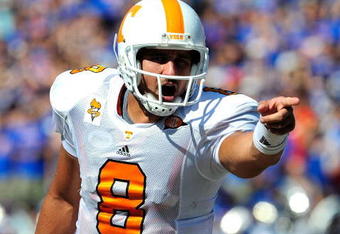 GAINESVILLE, FL - SEPTEMBER 19:  Jonathan Crompton #8 of the Tennessee Volunteers calls a signal during the game against the Florida Gators at Ben Hill Griffin Stadium on September 19, 2009 in Gainesville, Florida.  (Photo by Sam Greenwood/Getty Images)