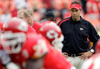 KANSAS CITY, MO - SEPTEMBER 20:  Head coach Todd Haley of the Kansas City Chiefs watches during warm-ups prior to the start of the game against the Oakland Raiders at Arrowhead Stadium on September 20, 2009 in Kansas City, Missouri.  (Photo by Jamie Squire/Getty Images)