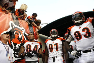 CINCINNATI - AUGUST 18:  T.J. Houshmandzadeh #84, Robert Geathers #91 and Rashad Jeanty #93 of the Cincinnati Bengals get ready to take the field before a preseason NFL game against the New Orleans Saints on August 18, 2007 at Paul Brown Stadium in Cincinnati, Ohio. (Photo by Joe Robbins/Getty Images)