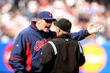 NEW YORK - APRIL 19:  Cleveland Indians manager Eric Wedge argues with the umpire about a Jorge Posada #20 of the New York Yankees pinch hit two-run home run in the seventh inning of their game against the Cleveland Indians at Yankee Stadium on April 19, 2009 in the Bronx borough of New York City.  The hit was reviewed by instant replay, and was ruled a home run.  (Photo by Ezra Shaw/Getty Images)