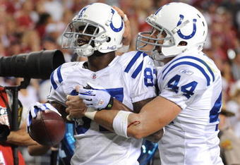GLENDALE, AZ - SEPTEMBER 27:  (L-R) Wide receiver Reggie Wayne #87 of the Indianapolis Colts celebrates his 20-yard second quarter touchdown catch with Dallas Clark #44 against the Arizona Cardinals during the game at University of Phoenix Stadium on September 27, 2009 in Glendale, Arizona. (Photo by Harry How/Getty Images)