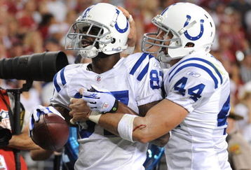 GLENDALE, AZ - SEPTEMBER 27:  (L-R) Wide receiver Reggie Wayne #87 of the Indianapolis Colts celebrates his 20-yard second quarter touchdown catch with Dallas Clark #44 against the Arizona Cardinals during the game at University of Phoenix Stadium on September 27, 2009 in Glendale, Arizona. (Photo by Harry How/Getty Images)