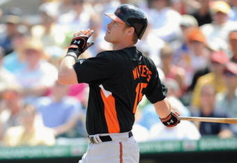 JUPITER, FL - FEBRUARY 27: Matt Wieters #15 of the Baltimore Orioles bats against the Florida Marlins during a spring training game at Roger Dean Stadium on February 27, 2009 in Jupiter, Florida. (Photo by Rob Tringali/Getty Images)