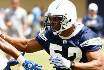 SAN DIEGO - MAY 03: Linebacker Larry English #52 of the San Diego Chargers runs upfield in pursuit during minicamp practice at the team's training facility on May 3, 2009 in San Diego, California. (Photo by Kevin Terrell/Getty Images)