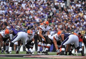 BALTIMORE - SEPTEMBER 27:  Brady Quinn #10 of the Cleveland Browns takes the snap during the game against the Baltimore Ravens at M&T Bank Stadium on September 27, 2009 in Baltimore, Maryland. The Ravens defeated the Browns 34-3. (Photo by Larry French/Getty Images)