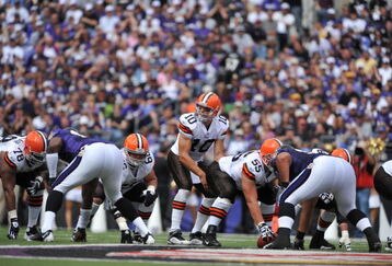 BALTIMORE - SEPTEMBER 27:  Brady Quinn #10 of the Cleveland Browns takes the snap during the game against the Baltimore Ravens at M&T Bank Stadium on September 27, 2009 in Baltimore, Maryland. The Ravens defeated the Browns 34-3. (Photo by Larry French/Getty Images)