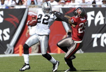 TAMPA, FL - DECEMBER 28: Cornerback Justin Miller #22 of the Oakland Raiders rushes upfield against the Tampa Bay Buccaneers at Raymond James Stadium on December 28, 2008 in Tampa, Florida.  (Photo by Al Messerschmidt/Getty Images)