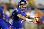 BOISE, ID - SEPTEMBER 3: Quarterback Kellen Moore #6 of the Boise State Broncos sets to throw a pass in the third quarter of the game against the Oregon Ducks at Bronco Stadium on September 3, 2009 in Boise, Idaho. Boise State won the game 19-8. (Photo by Steve Dykes/Getty Images)