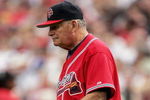 ATLANTA - OCTOBER 05:  Manager Bobby Cox #6 of the Atlanta Braves walks toward the pitching mound to releive starting pitcher Tim Hudson #15 in the seventh innning against the Houston Astros in Game One of the 2005 National League Divison Series on October 5, 2005 at Turner Field in Atlanta, Georgia.  (Photo by Brian Bahr/Getty Images)