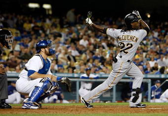 LOS ANGELES, CA - SEPTEMBER 14:  Andrew McCutchen #22 of the Pittsburgh Pirates bats against the Los Angeles Dodgers at Dodger Stadium on September 14, 2009 in Los Angeles, California.  (Photo by Jeff Gross/Getty Images)