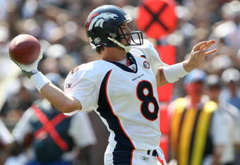 OAKLAND, CA - SEPTEMBER 27:  Kyle Orton #8 of the Denver Broncos passes against the Oakland Raiders on September 27, 2009 at the Oakland-Alameda County Coliseum in Oakland, California.  (Photo by Jed Jacobsohn/Getty Images)