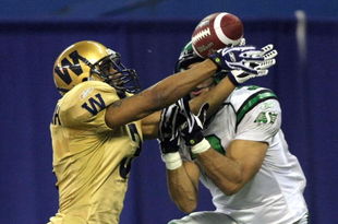 TORONTO - NOVEMBER 25:  Anthony Malbrough #3 of the Winnipeg Blue Bombers knocks away a pass in the endzone  from D.J. Flick #3 of the Saskatchewan Rough Riders during the third quarter in the 95th Grey Cup on November 25, 2007 at the Rogers Centre in Toronto, Ontario, Canada.  The Rough Riders won 23-19.  (Photo by Harry How/Getty Images)
