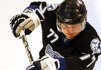 MISSISSAUGA, CANADA - AUGUST 26:  Victor Hedman #77 of the Tampa Bay Lightning follows through on a shot during the Upper Deck NHL Rookie Debut at the Hershey Centre August 26, 2009 in Mississauga, Ontario, Canada.  (Photo By Dave Sandford/Getty Images)