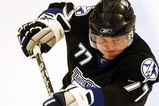 MISSISSAUGA, CANADA - AUGUST 26:  Victor Hedman #77 of the Tampa Bay Lightning follows through on a shot during the Upper Deck NHL Rookie Debut at the Hershey Centre August 26, 2009 in Mississauga, Ontario, Canada.  (Photo By Dave Sandford/Getty Images)