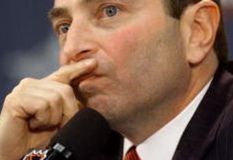 3 Feb 2001:  Commissioner Gary Bettman ponders a  question from the media during a press conference before the NHL All-Star Game at the Pepsi Center in Denver, Colorado.   DIGITAL IMAGE. Mandatory Credit: Brian Bahr/ALLSPORT
