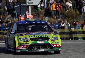 SALOU, SPAIN - OCTOBER 01:  Khalid Al Qassimi of United Arabian Emirates and Michael Orr of Great Britain compete in their BP Abu Dhabi Ford Focus during the Shakedown of the WRC Rally de Espana on October 01  in Salou, Spain  (Photo by Massimo Bettiol/Getty Images)