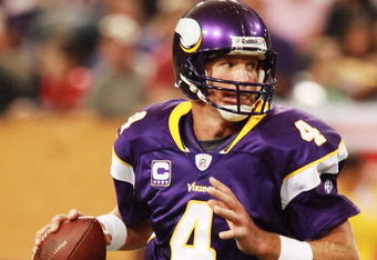 MINNEAPOLIS, MN - SEPTEMBER 27:  Quarterback Brett Favre #4 of the Minnesota Vikings prepares to throw the ball during the game against the San Francisco 49ers at Hubert H. Humphrey Metrodome on September 27, 2009 in Minneapolis, Minnesota. The Vikings defeated the 49ers 27-24. (Photo by Genevieve Ross/Getty Images) 