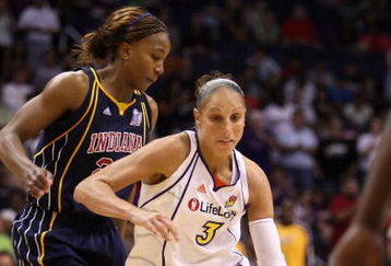 PHOENIX - SEPTEMBER 29:  Diana Taurasi #3 of the Phoenix Mercury drives past Tamika Catchings #24 of the Indiana Fever in Game One of the 2009 WNBA Finals at US Airways Center on August 29, 2009 in Phoenix, Arizona. The Mercury defeated the Fever 120-116 in overtime to take a 1-0 series lead. NOTE TO USER: User expressly acknowledges and agrees that, by downloading and or using this photograph, User is consenting to the terms and conditions of the Getty Images License Agreement.  (Photo by Christian Petersen/Getty Images)