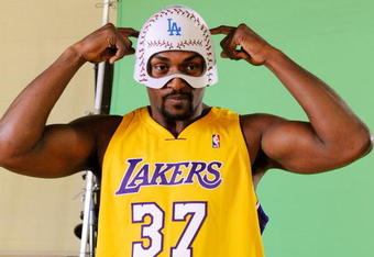 EL SEGUNDO, CA - SEPTEMBER 29: Ron Artest #37 of the Los Angeles Lakers hwears a mask while taping a public announcement for the Los Angeles Dodgers during Lakers media day at the Lakers training facility on September 29, 2009 in El Segundo, California. NOTE TO USER: User expressly acknowledges and agrees that, by downloading and/or using this Photograph, user is consenting to the terms and conditions of the Getty Images License Agreement.  (Photo by Kevork Djansezian/Getty Images)