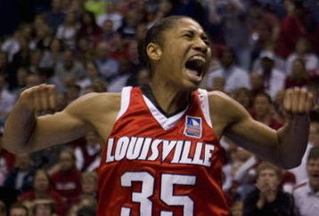ST. LOUIS, MISSOURI. - APRIL 5: Angel McCoughtry #35 of the Louisville Cardinals celebrates blocking a shot against the Oklahoma Sooners during the NCAA Women's Final Four Semifinals at the Scottrade Center on April 5, 2009 in St. Louis, Missouri. (Dilip Vishwanat/Getty Images)