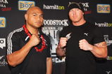 AUCKLAND, NEW ZEALAND - SEPTEMBER 30:  David Tua (L) and Shane Cameron face off during a Press Conference ahead of their fight on Saturday night at Northern Steamship on September 30, 2009 in Auckland, New Zealand.  (Photo by Sandra Mu/Getty Images)