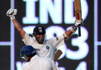 CHENNAI, INDIA - DECEMBER 15:  Yuvraj Singh of India lifts his team mate Sachin Tendulkarafter their team's victory on day 5 of the First Test Match between India and England at the MA Chidambaram Stadium on December 15, 2008 in Chennai, India.  (Photo by Julian Herbert/Getty Images)