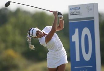 PRATTVILLE, AL - OCTOBER 1:  Natalie Gulbis watches her drive from the 10th tee during first round play in the Navistar LPGA Classic at the Robert Trent Jones Golf Trail at Capitol Hill on October 1, 2009 in  Prattville, Alabama.  (Photo by Dave Martin/Getty Images)
