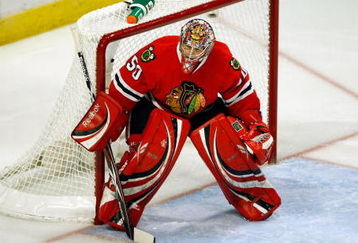 CHICAGO - MAY 24:  Goalie Corey Crawford #50 of the Chicago Blackhawks stands in goal against the Detroit Red Wings during Game Four of the Western Conference Championship Round of the 2009 Stanley Cup Playoffs on May 24, 2009 at the United Center in Chicago, Illinois. The Red Wings won 6-1. (Photo by Jim Prisching/Getty Images)
