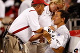 ARLINGTON, TX - SEPTEMBER 05:  Quarterback Sam Bradford #14 of the Oklahoma Sooners on the sidelines after suffering an injury against the Brigham Young Cougars at Cowboys Stadium on September 5, 2009 in Arlington, Texas.  (Photo by Ronald Martinez/Getty Images)