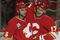 CALGARY, AB - OCTOBER 1: Rene Bourque #17 of the Calgary Flames celebrates his goal with teammate Mark Giordano #5 against the Vancouver Canucks in the first period of NHL action on October 1, 2009 at the Pengrowth Saddledome in Calgary, Alberta, Canada.  (Photo by Mike Ridewood/Getty Images)