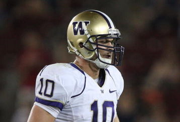 PALO ALTO, CA - SEPTEMBER 26:  Quarterback Jake Locker #10 of the Washington Huskies walks off the field against the Stanford Cardinal at Stanford Stadium on September 26, 2009 in Palo Alto, California.  (Photo by Jed Jacobsohn/Getty Images)